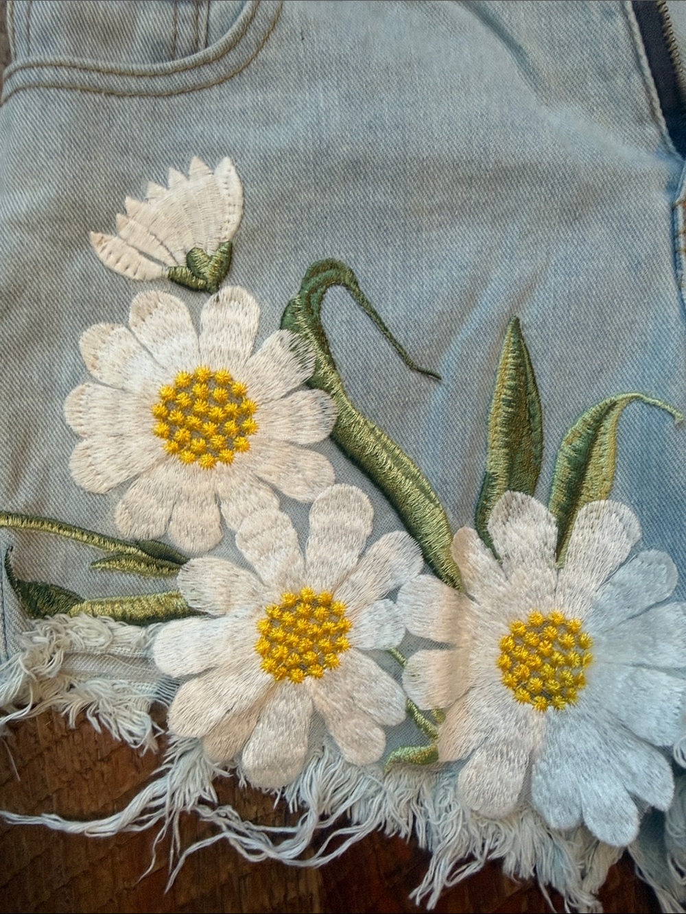 36 Point 5 Light Blue Denim Shorts with White Daisy Embroidery - Picture 5 of 6